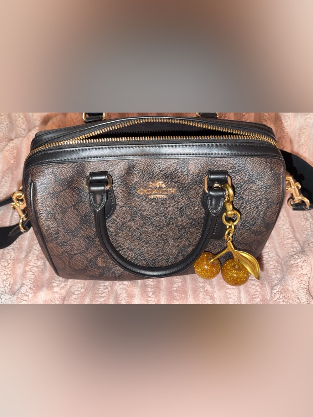 Coach Brown Signature Mini Satchel with Black Handles and Gold Hardware